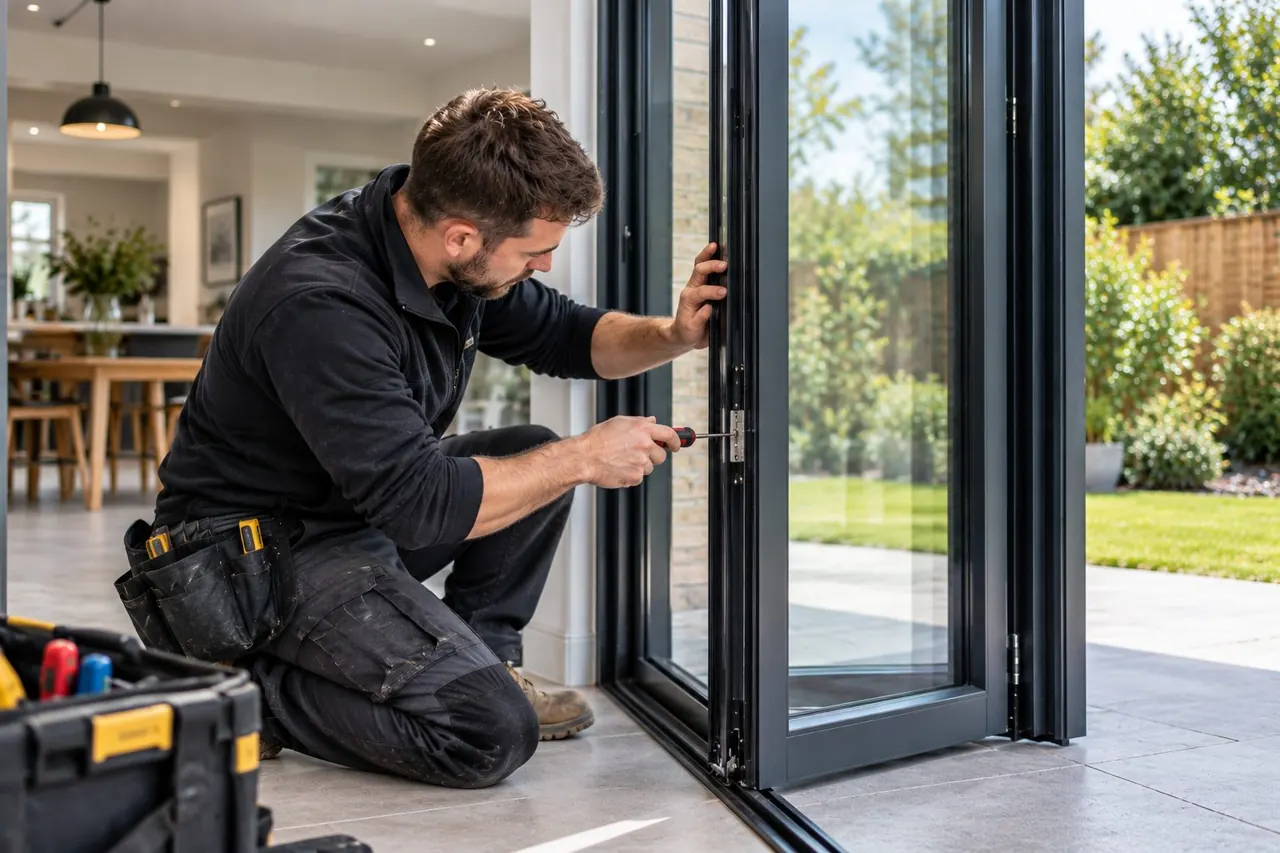 Installer adjusting an anthracite grey aluminium bifold door