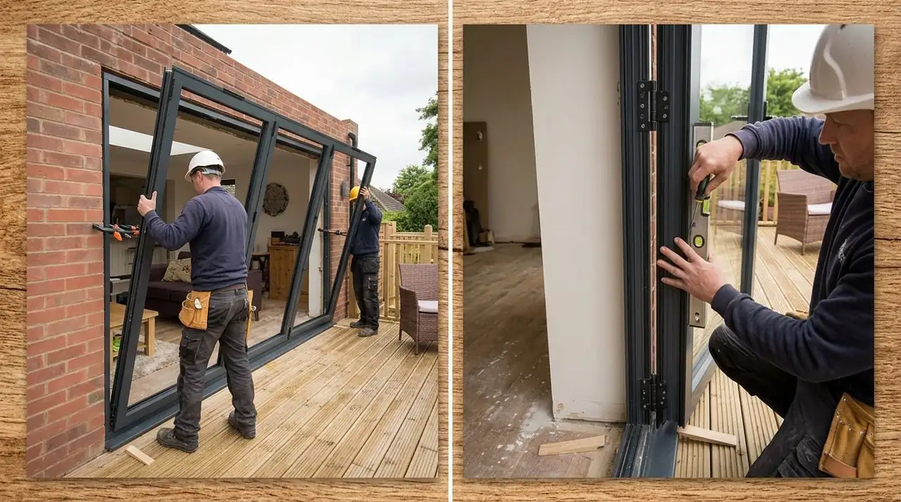 Two installers fitting the frame and panels of an aluminium bifold door