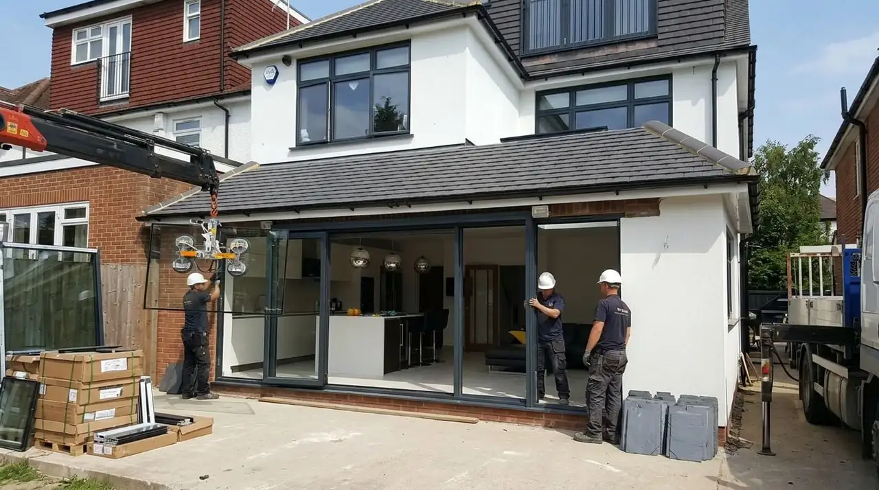Installation team fitting aluminium bifold doors to a rear extension