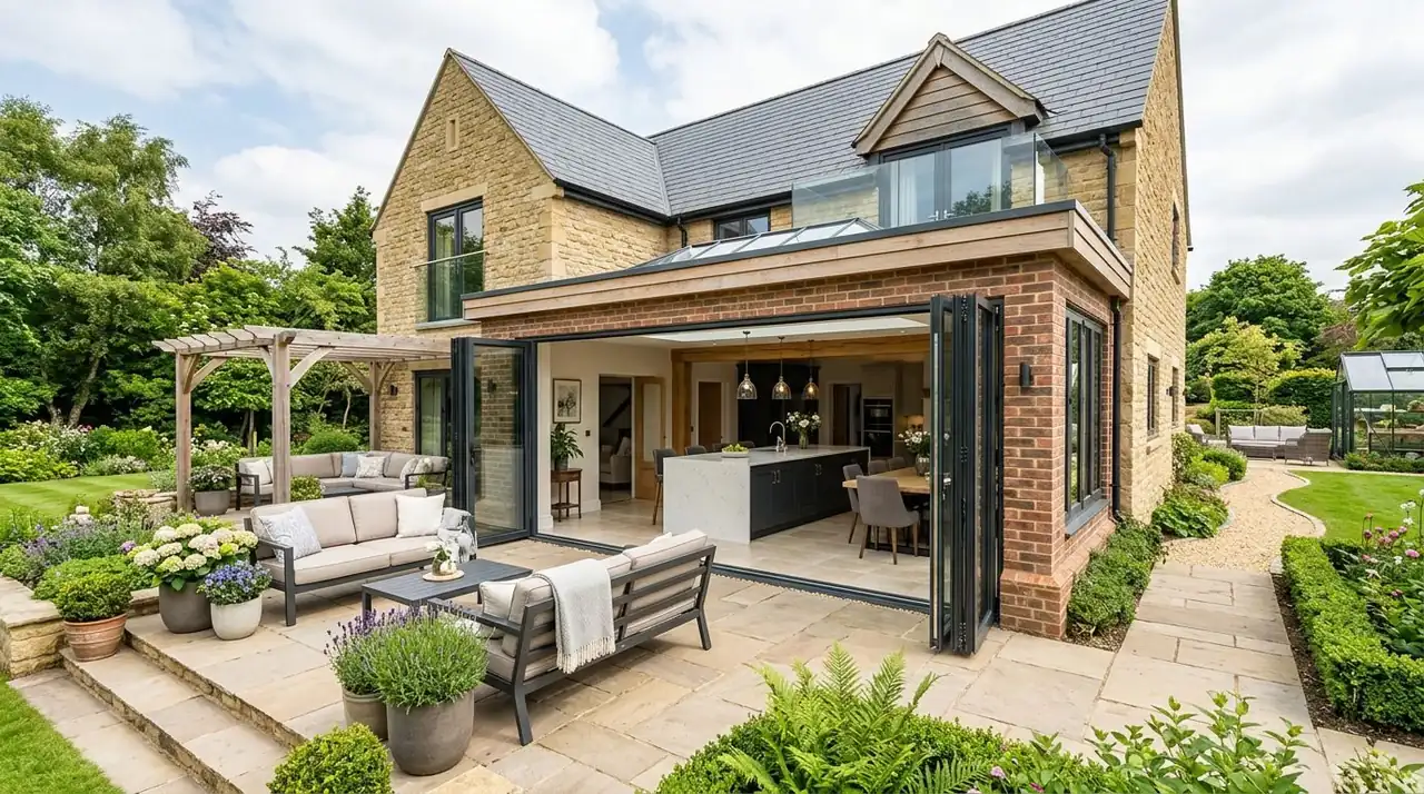 Fully open bifold doors linking a kitchen to a stone-paved garden terrace